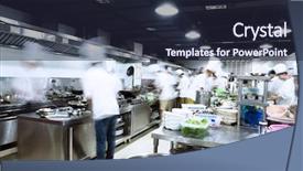  Presentation with food supply - Colorful PPT theme enhanced with food supply - modern kitchen and busy chefs backdrop and a wine colored foreground