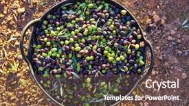  Presentation with mediterranean food - Colorful slide set enhanced with food symbol meditterranean - olives harvest picking in farmer backdrop and a tawny brown colored foreground