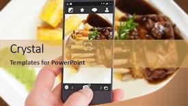  Presentation with smartphone - Beautiful slide set featuring food technology - female hand holding a smartphone backdrop and a yellow colored foreground