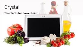  Presentation with food technology - PPT layouts with food technology - tablet computer with vegetables background and a white colored foreground