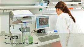  Presentation with food laboratory - PPT theme having food technology - woman in laboratory research research background and a mint green colored foreground