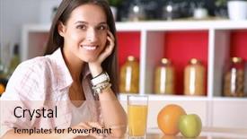  Presentation with computer - PPT layouts enhanced with food technology - young woman using a tablet background and a coral colored foreground