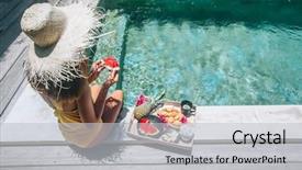  Presentation with thailand food - Cool new slide set with food thailand - girl relaxing and eating fruits backdrop and a light gray colored foreground