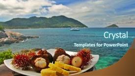  Presentation with thailand food - PPT layouts consisting of plateful of exotic fruits against seaside background and a ocean colored foreground