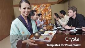  Presentation with catering waiter food event service - Amazing PPT theme having food to people at restaurant backdrop and a tawny brown colored foreground