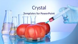  Presentation with injection - Theme featuring injection into fresh red tomato on blue background background and a sky blue colored foreground