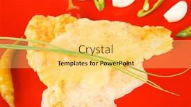  Presentation with food red - Slide deck having food vegetable casserole piece over red plate ready to eat with chives tomatoes peppers and chives isolated over white background and a yellow colored foreground