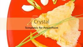  Presentation with food red - Colorful presentation enhanced with food vegetable casserole piece over red plate ready to eat with chives tomatoes peppers and chives isolated over white backdrop and a yellow colored foreground