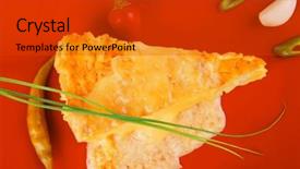  Presentation with food red - Presentation theme enhanced with food vegetable casserole piece over red plate ready to eat with chives tomatoes peppers and chives isolated over white background and a dark gray colored foreground