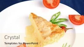  Presentation with blue food - PPT theme featuring food vegetable casserole piece over white plate served with parsley and tomatoes on blue table background and a blonde colored foreground