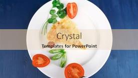  Presentation with blue food - Cool new presentation theme with food vegetable casserole piece over white plate served with parsley and tomatoes on blue table backdrop and a lemonade colored foreground