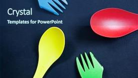  Presentation with plastic from waste - PPT theme enhanced with food waste disposal - colorful plastic forks and spoons background and a ocean colored foreground