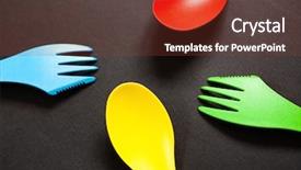  Presentation with plastic pyrolysis - Cool new slide deck with food waste disposal - colorful plastic forks and spoons backdrop and a tawny brown colored foreground