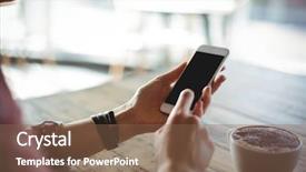  Presentation with mobile phone in woman hand - Cool new presentation theme with food web - woman using mobile phone backdrop and a violet colored foreground