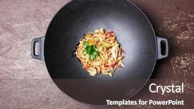  Presentation with chinese food - PPT theme featuring food woku - chinese noodles with vegetables background and a tawny brown colored foreground
