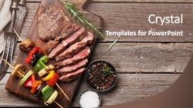  Presentation with steak - Slide set having food zucchini - beef steak and grilled vegetables background and a coral colored foreground