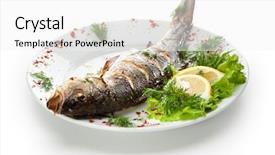  Presentation with foods - Presentation having foods - bbq sea bass fish background and a white colored foreground