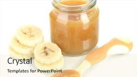  Presentation with green bananas hanging on banana - Slide deck having foods jars - baby puree with bananas isolated background and a lemonade colored foreground