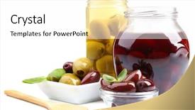  Presentation with white green - Amazing slide deck having foods jars - black and green olives isolated backdrop and a white colored foreground
