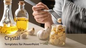  Presentation with preserved - Audience pleasing theme consisting of foods jars - woman trying preserved garlic backdrop and a coral colored foreground