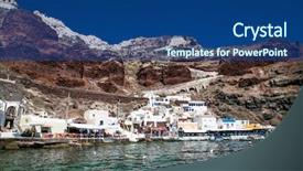  Presentation with long tailed boat fishing boat - Slide set with foods place travel - ammoudi village with fishing boats background and a ocean colored foreground