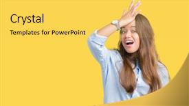  Presentation with young business woman smile show - Slides having foolish manager - young beautiful brunette business woman background and a  colored foreground