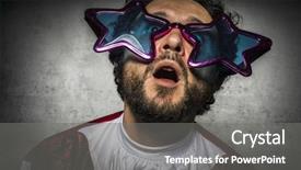  Presentation with ridiculous - Slide set featuring foolish stupid man with glasses graceful gestures and ridiculous party background and a gray colored foreground