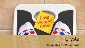  Presentation with obesity cartoon feet on bathroom - Slide deck having diabetic foot - woman's feet on bathroom scale background and a yellow colored foreground