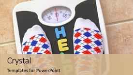  Presentation with diabetic diet - Presentation design consisting of diabetic foot - woman's feet on bathroom scale background and a coral colored foreground