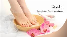  Presentation with bowl of aroma spa - Audience pleasing presentation design consisting of foot care - female feet in spa bowl backdrop and a sky blue colored foreground