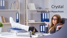  Presentation with broken leg - Colorful PPT theme enhanced with foot fracture - busiesswoman employee with broken leg backdrop and a light gray colored foreground