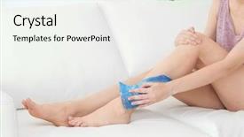  Presentation with leg pain - Colorful PPT theme enhanced with foot pain - young woman applying cold compress backdrop and a white colored foreground