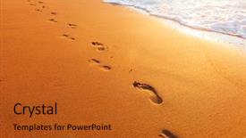  Presentation with footprints sand - Beautiful presentation theme featuring foot prints sand - beach wave and footprints backdrop and a crimson colored foreground