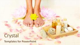  Presentation with spa salon - Presentation theme with foot reflexology - beautiful woman feet in spa background and a lemonade colored foreground
