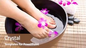  Presentation with rustic purple floral pebble water - Presentation having foot reflexology - woman soaking feet in bowl background and a coral colored foreground