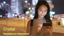  Presentation with night city - Audience pleasing PPT theme consisting of foot traffic - woman using mobile phone backdrop and a  colored foreground