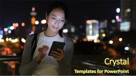  Presentation with smart - Beautiful PPT layouts featuring foot traffic - young woman using smart phone backdrop and a  colored foreground