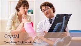  Presentation with doctor visiting family - Colorful slides enhanced with foot x ray - young woman visiting doctor traumatologist backdrop and a coral colored foreground