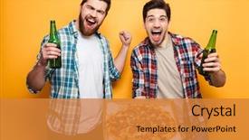  Presentation with full length portrait two men women brown sweater - Presentation featuring football - portrait of a two happy background and a gold colored foreground