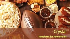  Presentation with snacks - Presentation theme enhanced with football - table full of tasty snacks background and a tawny brown colored foreground