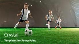  Presentation with running - Amazing PPT layouts having football - three boys in uniform running backdrop and a forest green colored foreground