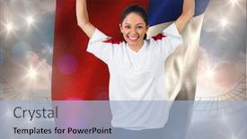  Presentation with football blue - Cool new PPT theme with football fan in white cheering holding chile flag against large football stadium under cloudy blue sky backdrop and a light blue colored foreground
