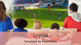  Presentation with soccer fans - Beautiful presentation design featuring football fans watching soccer backdrop and a coral colored foreground
