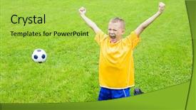  Presentation with joyful - Colorful slide deck enhanced with football kid - joyful boy soccer player backdrop and a yellow colored foreground