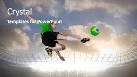  Presentation with football blue - PPT theme consisting of football player in green kicking against large football stadium with spotlights under blue sky with clouds background and a gray colored foreground