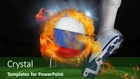  Presentation with goal ball - Colorful theme enhanced with football player kicking flaming russia flag ball against football pitch and goal under spotlights backdrop and a tawny brown colored foreground