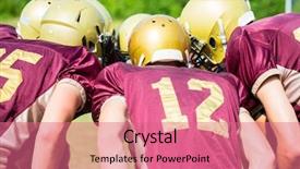  Presentation with american football - Amazing slide deck having football players at strategy huddle backdrop and a coral colored foreground