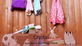  Presentation with stacked stone wall - Amazing PPT theme having children things hanging on wall backdrop and a red colored foreground