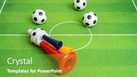  Presentation with trumpet - Theme featuring football-soccer-triple-fan-trumpet background and a seafoam green colored foreground