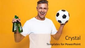  Presentation with european football - Slide deck having football t shirts - image of european man 30s background and a gold colored foreground